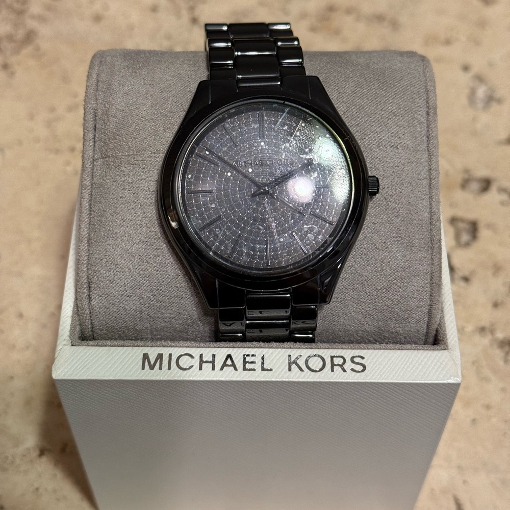MICHAEL KORS - MK339  WOMEN’S SLIM RUNWAY BLACK SWAROVSKI CRYSTAL FACE